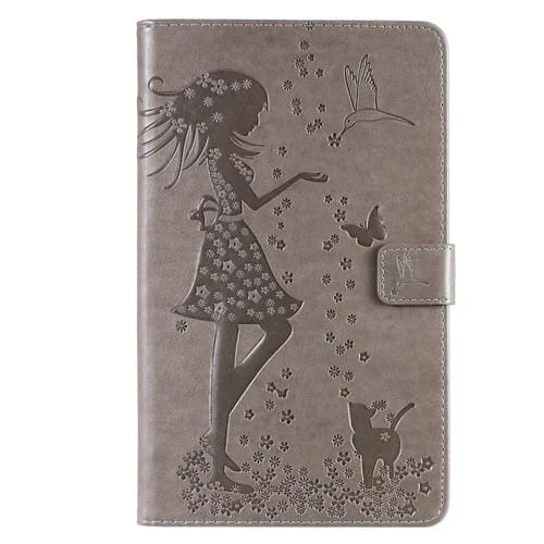 Estuche de Cuero para Galaxy Tab A 8.0 (2019) T295 T290 con Tapa Horizontal Estampado Mujer y Gato (Gris)