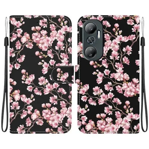 Estuche de Cuero para Infinix Hot 20 con Dibujo Coloreado y Textura de Cristal (Flor de Ciruelo)