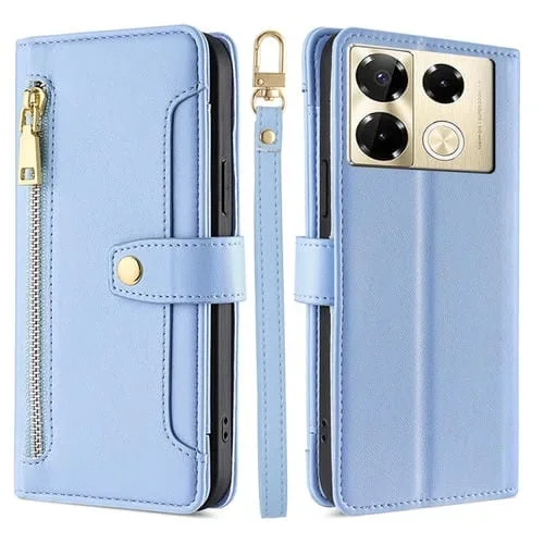Estuche de Cuero para Infinix Note 40 Pro 4G con Billetera, Cremallera y Textura de Oveja (Azul)