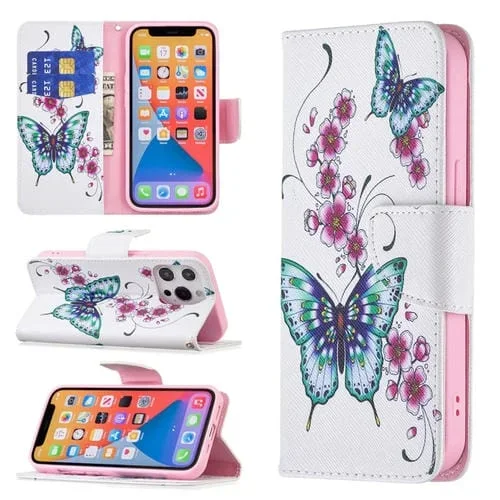 Estuche de Cuero para iPhone 13 Mini con Tapa Horizontal Soporte y Ranuras para Tarjetas (Flor de Durazno y Mariposa)