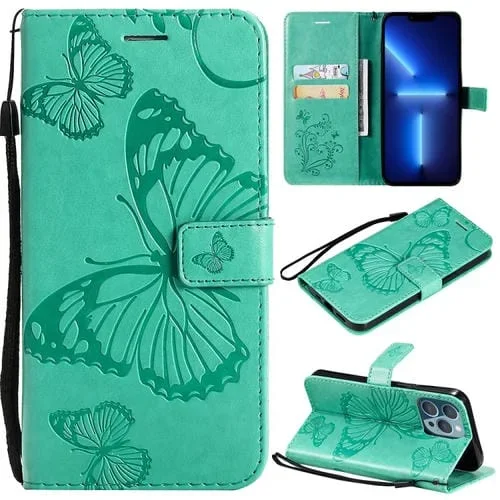 Estuche de Cuero para iPhone 13 Pro con Tapa Horizontal Patrón Mariposa 3D Soporte Ranura Tarjeta Billetera Cordón (Verde)