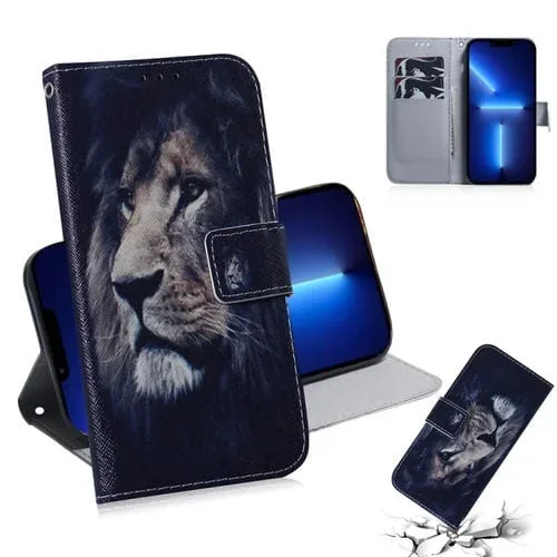 Estuche de Cuero para iPhone 13 Pro con Tapa Horizontal, Soporte, Ranuras para Tarjetas y Billetera (León)