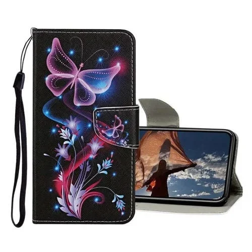 Estuche de Cuero para iPhone 13 Pro con Tapa y Patrón de Dibujo Coloreado (Mariposa Fluorescente)