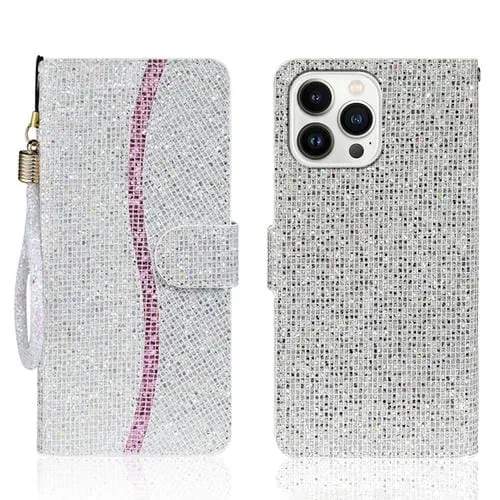 Estuche de Cuero para iPhone 15 Pro con Tapa en Polvo con Purpurina (Plateado)