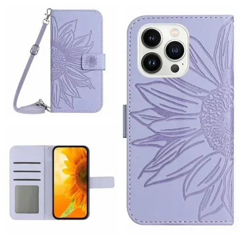Estuche de Cuero para iPhone 15 Pro Skin Feel Sun Flower con Tapa en Relieve y Cordón (Púrpura)