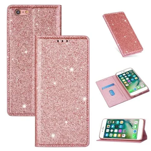 Estuche de Cuero para iPhone 6 Plus con Tapa Horizontal Magnética Ultrafina con Purpurina Soporte y Ranuras para Tarjetas (Oro Rosa)