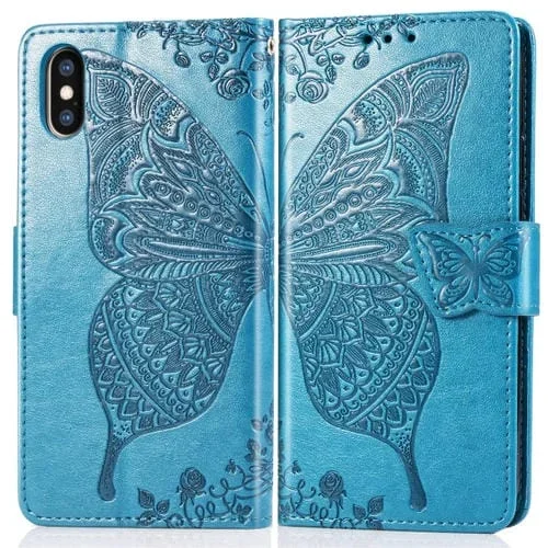 Estuche de Cuero para iPhone X Butterfly Love Flowers con Tapa Horizontal En Relieve Soporte Ranuras Billetera y Cordón (Azul)