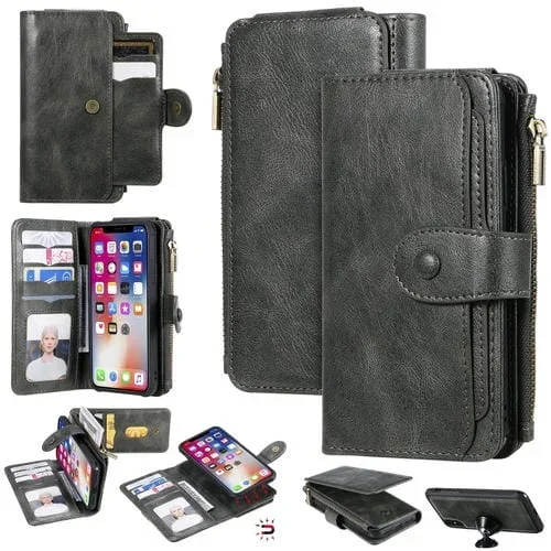 Estuche de Cuero para iPhone X Xs con Tapa Horizontal Magnética Desmontable Multifuncional Ranuras Tarjetas Soporte Billetera Marco Fotos (Verde Oscuro)