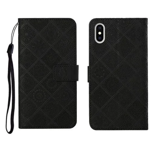 Estuche de Cuero para iPhone X Xs con Tapa Horizontal Patrón Étnico Soporte Ranuras Tarjetas Billetera Cordón (Negro)