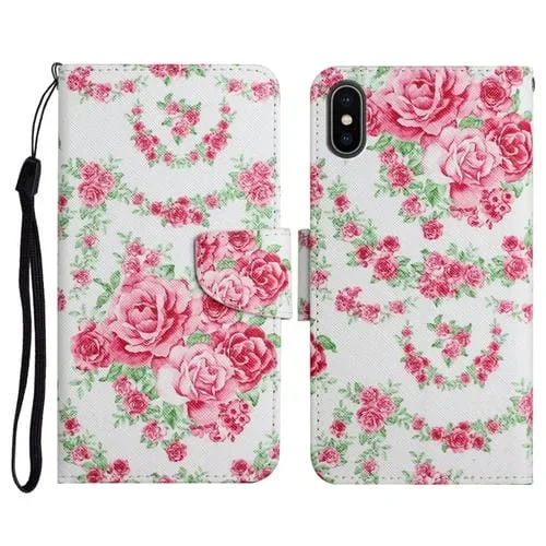 Estuche de Cuero para iPhone X Xs con Tapa Horizontal Patrón Pintado Soporte Ranura Tarjeta Billetera (Flor Rosa)