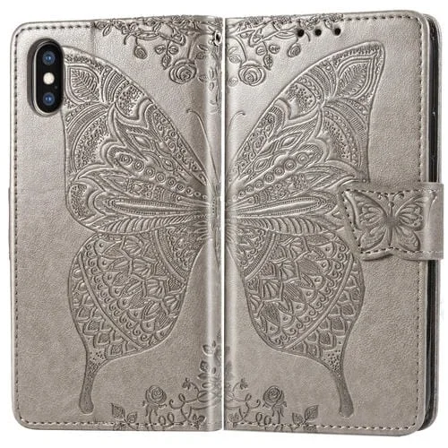 Estuche de Cuero para iPhone Xs Max Butterfly Love Flowers con Tapa Horizontal En Relieve Soporte Ranuras y Cordón (Gris)