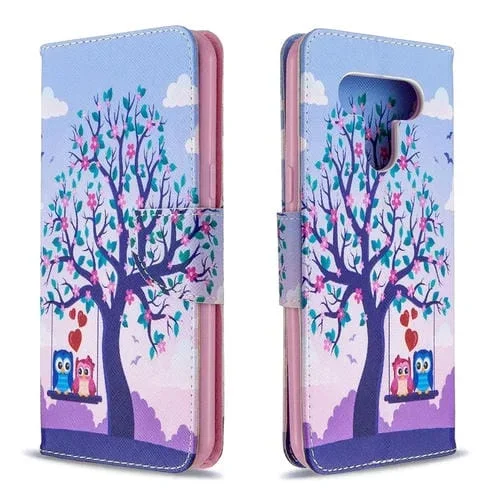 Estuche de Cuero para LG K51 con Tapa Horizontal, Soporte, Ranuras para Tarjetas y Billetera (Dos Búhos)