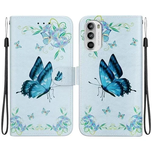 Estuche de Cuero para Motorola Moto G52J Jp con Dibujo Coloreado y Textura de Cristal (Pensamientos Azules)