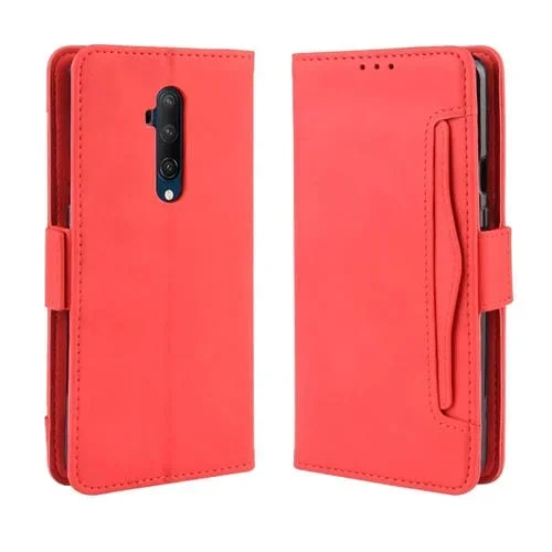 Estuche de Cuero para OnePlus 7T Pro con Diseño de Pantorrilla y Ranura para Tarjeta Separada (Rojo)