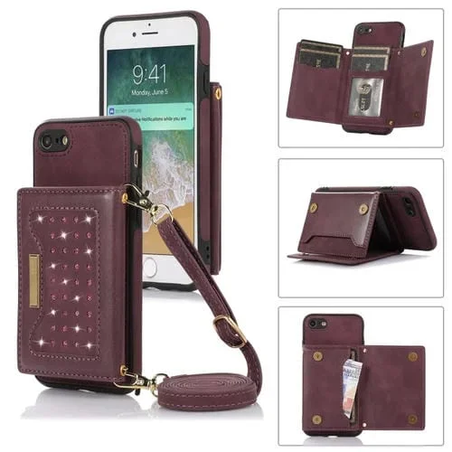 Estuche de Teléfono Cuero Rfid Tres Pliegues con Cordón para iPhone 7/8/Se 2020/Se 2022 (Rojo)