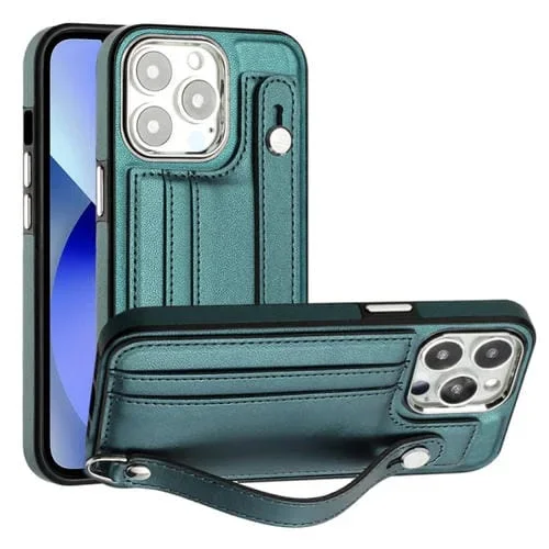 Estuche de teléfono iPhone 13 Pro cuero a prueba de golpes con correa para la muñeca (Verde)