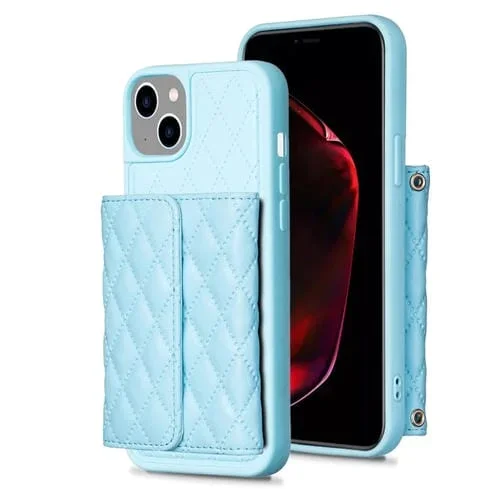 Estuche de Teléfono iPhone 15 Plus Cuero Rómbico con Billetera Horizontal (Azul)