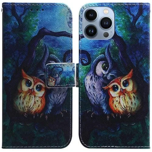 Estuche de teléfono iPhone 15 Pro cuero con tapa dibujo coloreado búho