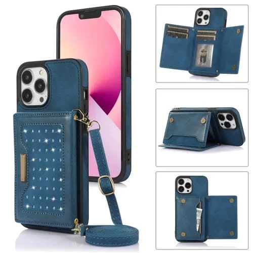 Estuche de Teléfono para iPhone 13 Pro Max Cuero Rfid Tres Pliegues con Cordón (Azul)