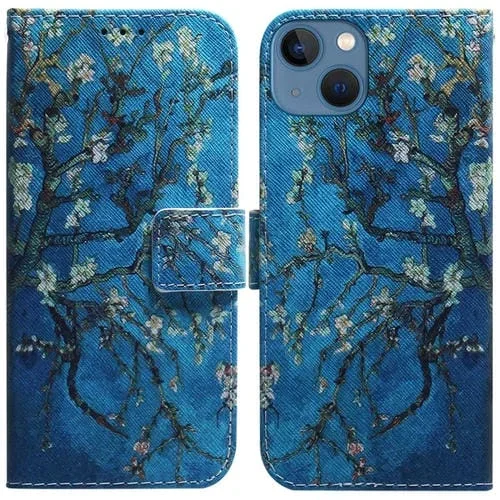Estuche de Teléfono para iPhone 14 de Cuero con Tapa de Dibujo Coloreado (Albaricoque)