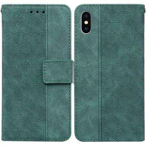 Estuche de Teléfono para iPhone Xs Max Cuero En Relieve Geométrico (Verde)