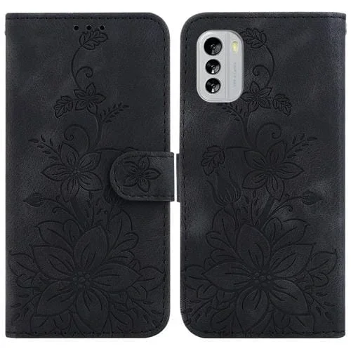 Estuche de Teléfono para Nokia G60 Lily de Cuero en Relieve (Negro)