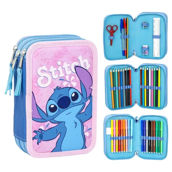 Estuche Escolar Infantil de Stitch – Color Rosa – Cierre de Cremallera – 12,5 x 6,5 x 19,5 cm – Triple Compartimento – Incluye Accesorios – Producto Original Diseñado en España