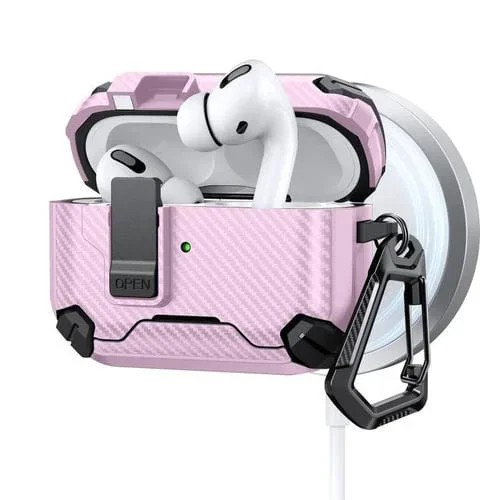 Estuche magnético MagSafe de dos colores con diseño de fibra de carbono para AirPods Pro 2 (negro y rosa)