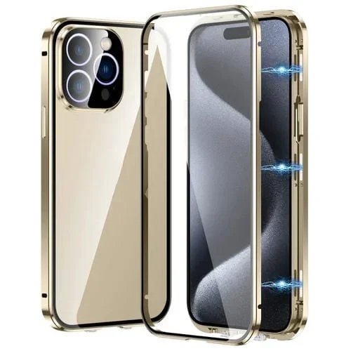Estuche Magnético para iPhone 15 Pro Vidrio Templado HD con Doble Hebilla (Dorado)