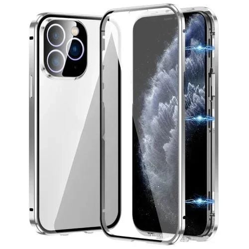 Estuche Magnético para Teléfono iPhone 11 Pro Max Vidrio Templado HD con Doble Hebilla (Plateado)