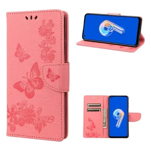 Estuche para Asus Zenfone 9 de Cuero con Tapa Horizontal en Relieve de Mariposa (Rosa)