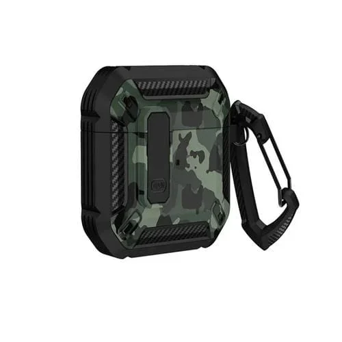 Estuche para Auriculares Airpods 1/2 con Interruptor de Bloqueo y Mosquetón (Negro + Verde Camuflaje)