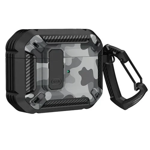 Estuche Para Auriculares Airpods Pro Impreso Dos Tonos Interruptor Bloqueo Mosquetón (Negro + Gris Camuflaje)