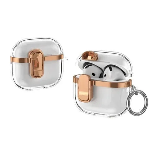 Estuche para Auriculares Inalámbricos Airpods 4 Galvanoplastia Transparente Cierre de Seguridad (Oro Champán)