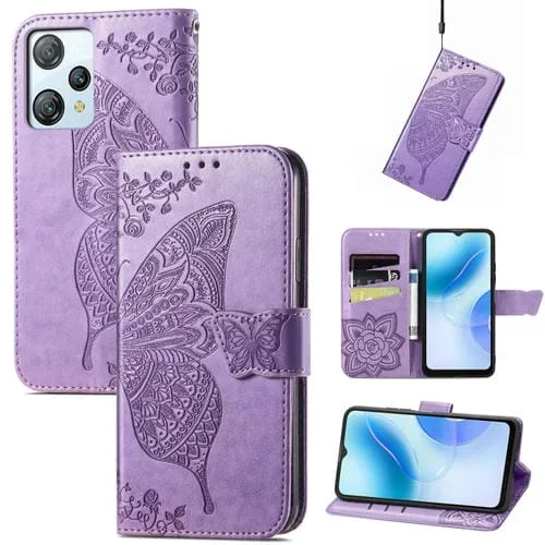 Estuche para BlackView A53 Butterfly Love Flower de Cuero en Relieve (Lavanda)