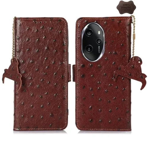 Estuche para Honor 100 Pro 5G de Cuero Genuino con Rfid y Patrón de Avestruz (Café)