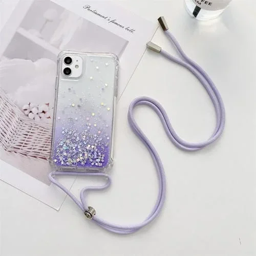 Estuche para iPhone 11 Pro Gradient Glitter Powder Epoxy TPU a Prueba de Golpes con Cordón (Púrpura)