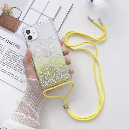 Estuche para iPhone 11 Pro Max Gradient Glitter Powder Epoxy TPU Acrílico Grueso a Prueba de Golpes con Cordón (Amarillo)