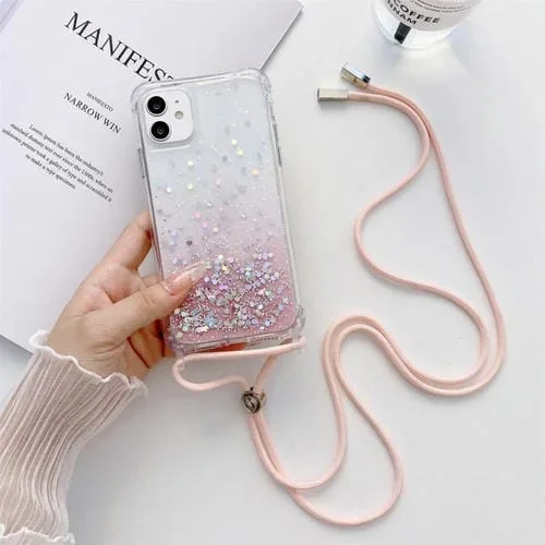 Estuche para iPhone 13 Mini Gradient Glitter Powder Epoxy TPU a Prueba de Golpes con Cordón (Rosa)