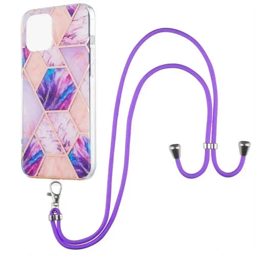 Estuche para iPhone 13 Mini Patrón Mármol Empalme Galvanoplastia TPU Doble Cara Cordón (Púrpura Claro)