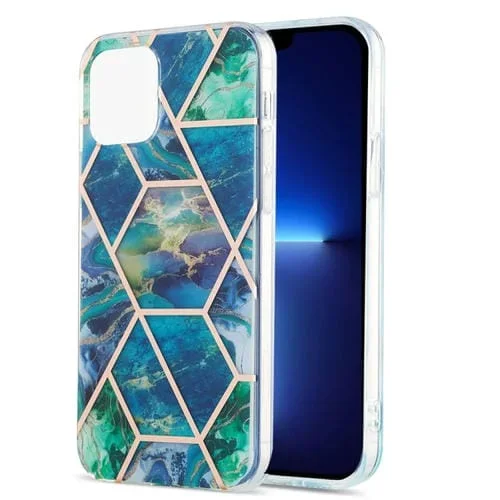Estuche para iPhone 13 Pro Galvanoplastia Empalme Patrón Flor Mármol a Prueba de Golpes Imd TPU Doble Cara (Azul Verde)