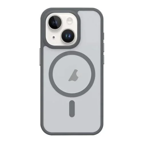 Estuche para iPhone 14 Botón de Metal Sensación de Piel Magsafe Mate a Prueba de Golpes (Gris)