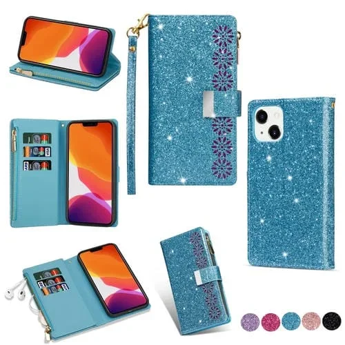 Estuche para iPhone 14 Cuero con Cremallera y Ranuras para Tarjetas Múltiples (Azul Cielo)