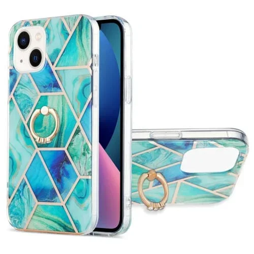 Estuche para iPhone 14 Galvanoplastia Empalme Mármol Doble Cara Imd TPU a Prueba de Golpes con Soporte para Anillo (Verde)