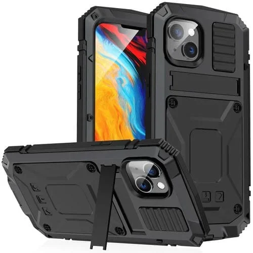 Estuche para iPhone 14 R-Just Impermeable a Prueba de Golpes y Polvo con Soporte (Negro)