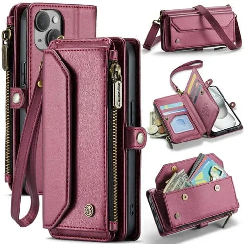Estuche para iPhone 15 Caseme C36 Cartera con Ranuras para Tarjetas Cremallera Cuero Antirrobo Rfid (Rojo Vino)