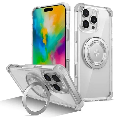 Estuche para iPhone 16 Pro Max Gold Shield Cd Pattern Magnético Magsafe con Soporte Giratorio (Transparente)