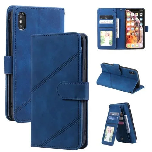Estuche para iPhone Xs Max Skin Feel Business de Cuero PU con Tapa Horizontal Soporte Ranuras Tarjetas Billetera Cordón Marco de Fotos (Azul)