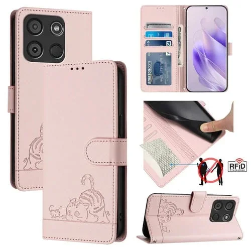 Estuche para Itel A60 / A60S de Cuero RFID con Patrón en Relieve y Cordón (Rosa)