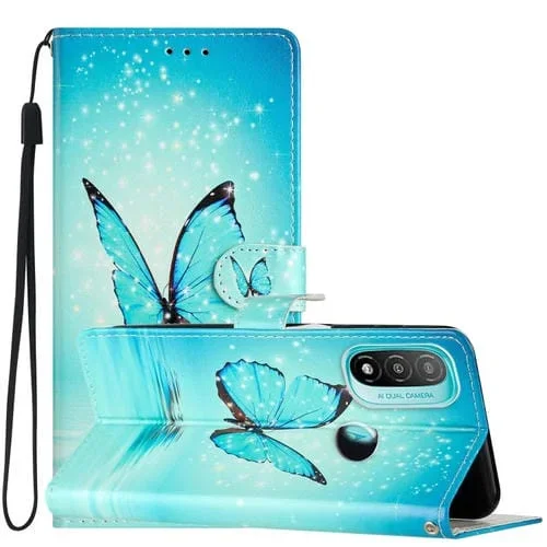 Estuche para Motorola Moto E20 / E30 / E40 de Cuero con Dibujo Coloreado (Mariposa Azul)